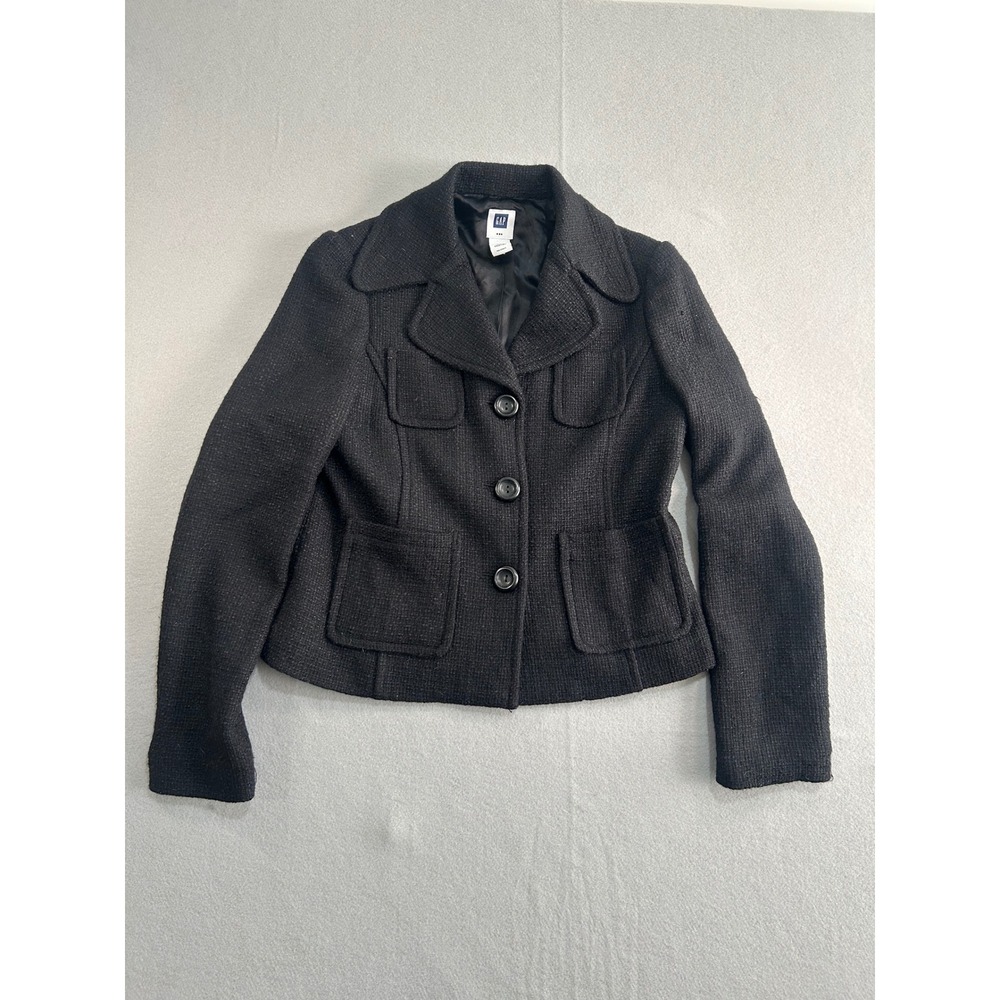 Gap Blazer Women 10‎ Black Wool Blend Tweed 3-Button Patch Pocket Y2K Vintage